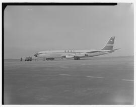 British Overseas Airway Corporation (BOAC) Boeing 707 jet on ramp in Shannon in profile