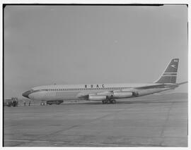 British Overseas Airway Corporation (BOAC) Boeing 707 jet on ramp in Shannon in profile