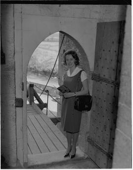Miss Judith O'Mahoney in Bunratty Castle doorway