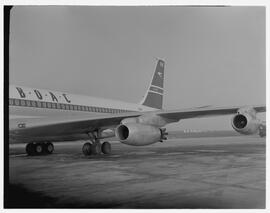 British Overseas Airway Corporation (BOAC) Boeing 707 jet engines and tail fin on ramp in Shannon