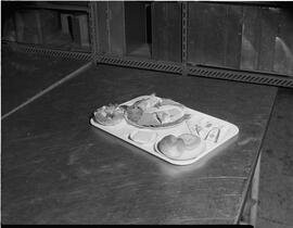 Flight kitchen tray of food for an advertisement in "Madame" magazine