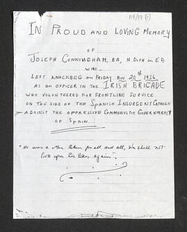 Photocopy of a handwritten poem in memory of Joseph Cunningham