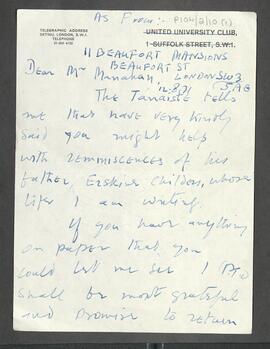 Letters from A. P. Ryan seeking Manahan's recollections of [Robert] Erskine Childers