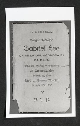 Photographs of a mortuary card in memory of Sergeant-Major Gabriel Lee