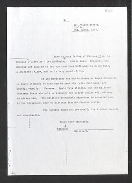 Photocopy of a letter from the Secretary of General Eoin O’Duffy