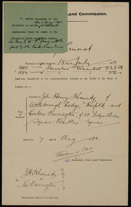 Notices from the Court of the Irish Land Commission of stocks transferred