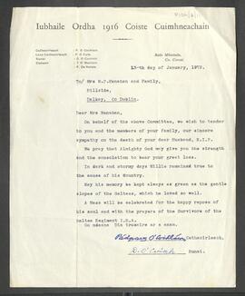 Letter of condolence from the Mitchelstown 1916 Jubilee Commemoration Committee