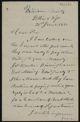 Letter from William O'Shea relating to rent and to Land League activities