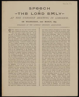 Printed speech of Lord Emly delivered at a Unionist meeting in Limerick