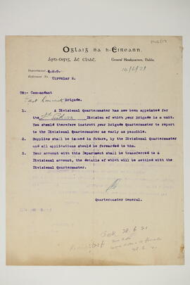 Circular announcing the appointment of a Divisional Quartermaster