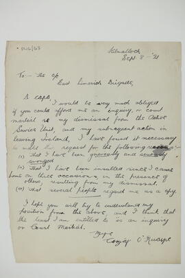 Letter seeking a court martial or inquiry following a dismissal