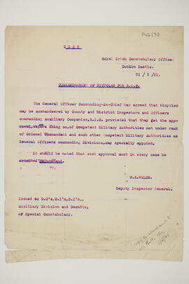 Intercepted message from RIC office, Dublin Castle