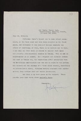 Letter from Hugh Kenner to Edward P. McGrath