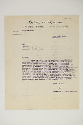 Letter relating to the formation of a Republican Police Force