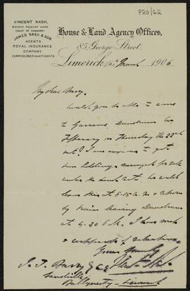 Letter relating to the sale of two holdings at Garrane, Dundrum, county Tipperary