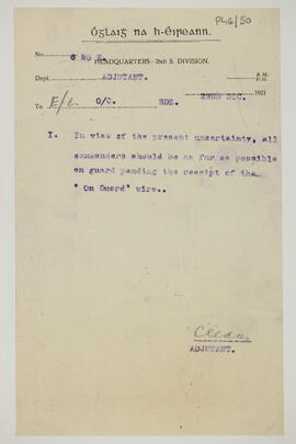 Letter instructing all commanders to be on guard