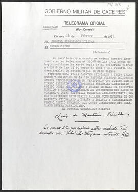 Photocopies of letters relating to the Military Governor at Cáceres