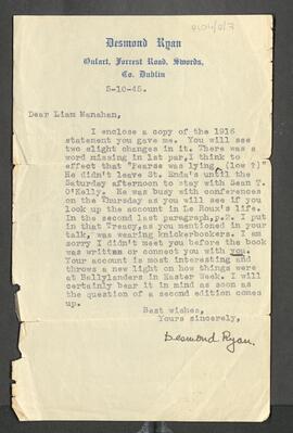 Letter from Desmond Ryan to Liam Manahan