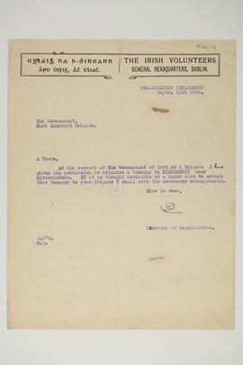 Letter relating to a request to organise a Volunteer company in Kilbehenny