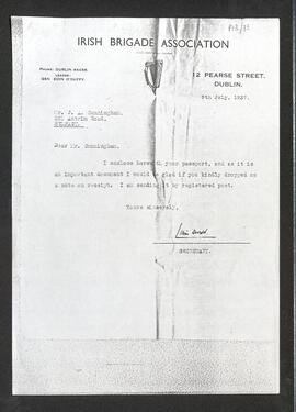 Photocopy of a letter from Liam [Walsh] to Joseph A. Cunningham