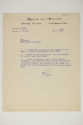 Letter acknowledging receipt of despatches