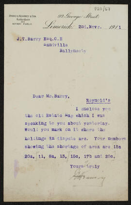 Letter relating to holdings in dispute on the Reynolds estate