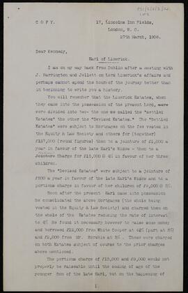 Copy letter concerning the financial status of the 4th Earl of Limerick's estates