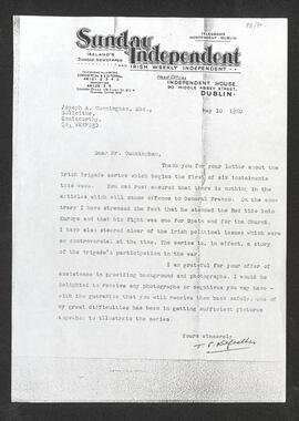 Photocopy of a letter from T. P. Kilfeather to Joseph A. Cunningham