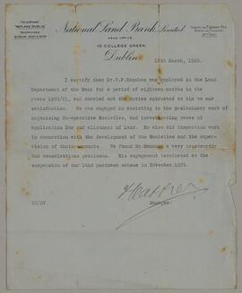 Typed reference from Manager, National Land Bank Limited, Dublin