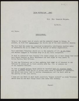 Letter relating to Volunteers needing to act as Intelligence Officers