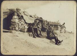 Photograph of Irish Brigadiers outside a shelter