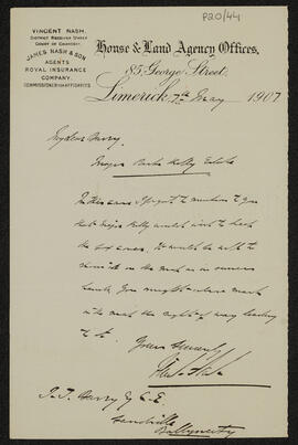 Letter relating to the mapping of Major Roche Kelly’s estate